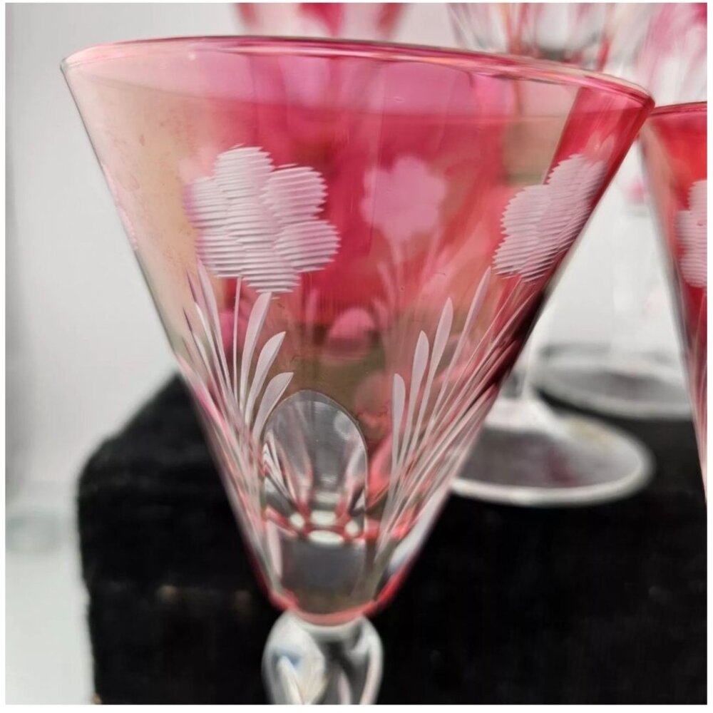 6 Italian Cranberry Glass Cut to Clear Cocktail Glasses 6" Italy floral cut glas - Picture 5 of 8